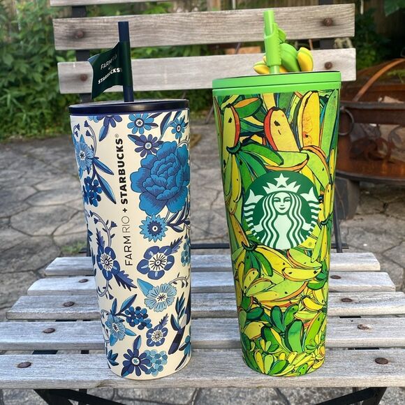 FARM Rio x Starbucks Green Banana Leaf & Blue Floral Tumblers Bundle - Picture 4 of 4